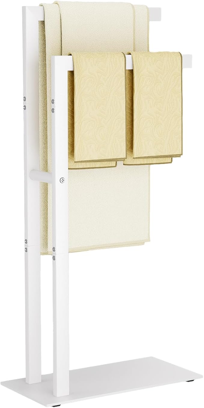 Yawinhe 2 Tier Free Standing Towel Rack,31.5in Towel Drying Rack,White | Blanket Holder with Marble Base;Tall Towel Drying Rack Outdoor; Metal Towel Stand for Bathrooms;Hand Holder for Bathroom