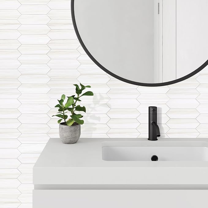 Vamos Tile 1 Sheet Glossy Dolomite White Backsplash Tile Peel and Stick, 12.8 x 12.8 Inch Long Hexagon PVC Self Adhesive Mosaic Wall Tiles Stick on Backsplash for Kitchen and Bathroom