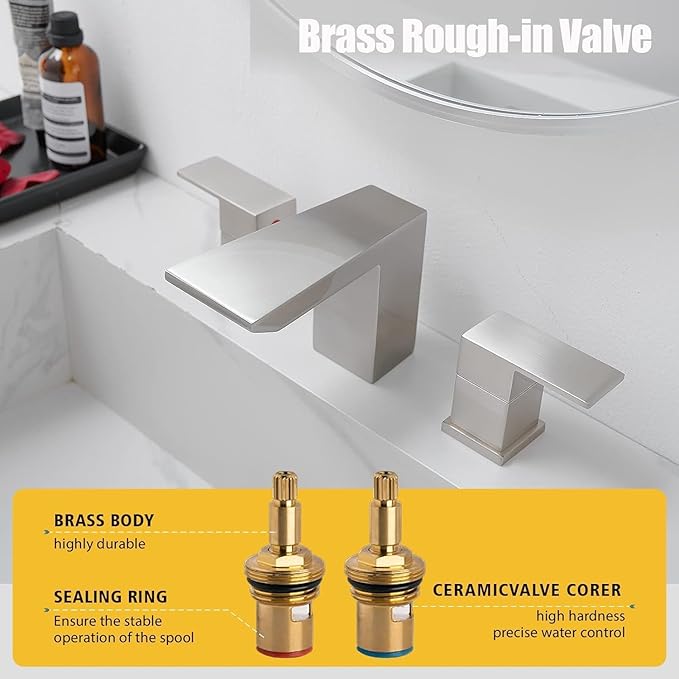 BESy Waterfall Bathroom Faucets 3 Hole Square 8 Inch Widespread Bathroom Sink Faucet Vanity 2 Handle Widespread for Restroom Sink with Pop Up Drain cUPC Supply Hose Brushed Nickel