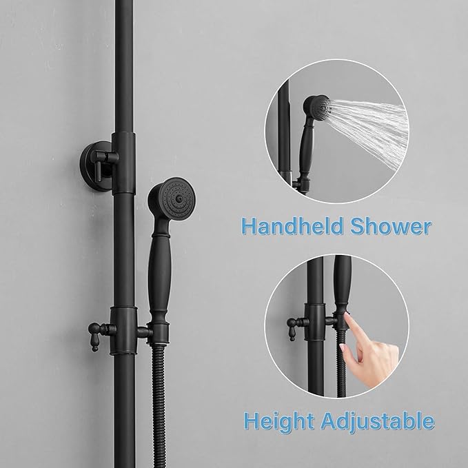 BWE Black Outdoor Shower Faucet Set Two Functions Rainfall Shower Head with Handheld Sprayer Single Handle Wall Mounted Exposed Shower Fixtures for Bathroom or Backyard,Matte Black