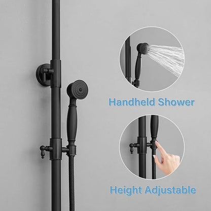 BWE Black Outdoor Shower Faucet Set Two Functions Rainfall Shower Head with Handheld Sprayer Single Handle Wall Mounted Exposed Shower Fixtures for Bathroom or Backyard,Matte Black