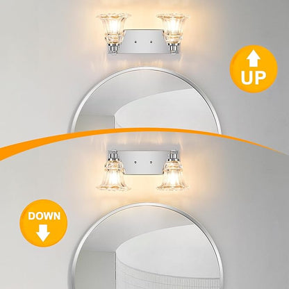 Vintage 2-Light Bathroom Vanity Light, Chrome Bathroom Light Fixtures with Floral Clear Glass Shades, Antique Wall Sconce Fixtures for Dressing Table, Bedroom
