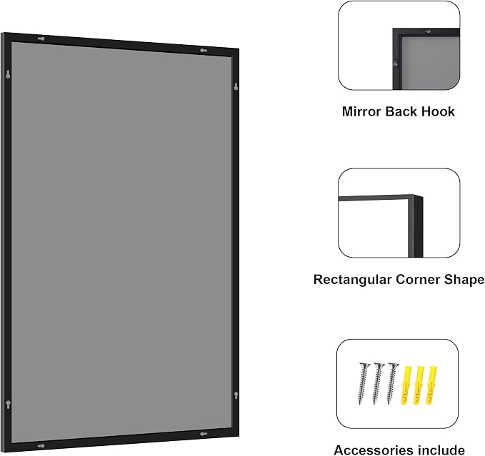 DESBING Black Bathroom Mirror for Wall, 24x48 Inch Rectangle Mirrors with Metal Frame, Modern Vanity Wall Mirror Decor for Entryway Hangs, Bathroom Living Room Horizontal or Vertical