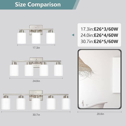 Brushed Nickel Bathroom Light Fixtures, 3-Light Modern Vanity Lights with Milky White Frosted Glass Shades, Wall Sconces for Mirror, Bathroom, Restroom (E26 Socket)