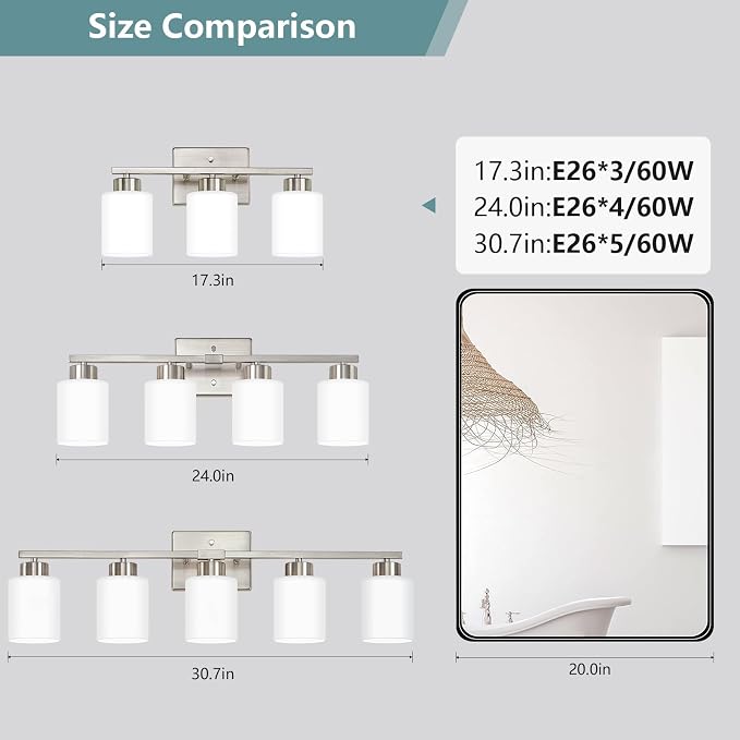 Brushed Nickel Bathroom Light Fixtures, 5-Light Modern Vanity Lights with Milky White Frosted Glass Shades, Wall Sconces for Mirror, Bathroom, Restroom (E26 Socket)