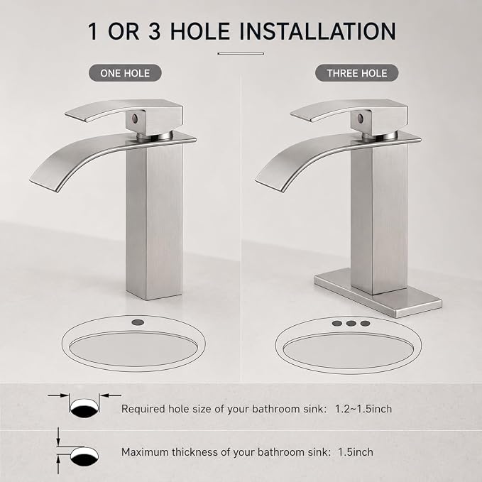 VOTON Waterfall Bathroom Faucet, Brushed Nickel 1-Hole with Deck & Drain | | SUS304 Stainless Steel | Rust-Resistant | Waterfall Flow