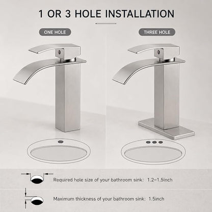 VOTON Waterfall Bathroom Faucet, Brushed Nickel 1-Hole with Deck & Drain | | SUS304 Stainless Steel | Rust-Resistant | Waterfall Flow