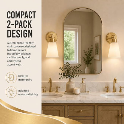 Wall Light Fixtures, 2-Pack Brushed Gold Vanity Lights with Milk Glass Shade, Modern Farmhouse Wall Sconces for Gallery, Mirror, Bedroom, and Bathroom,1 Light