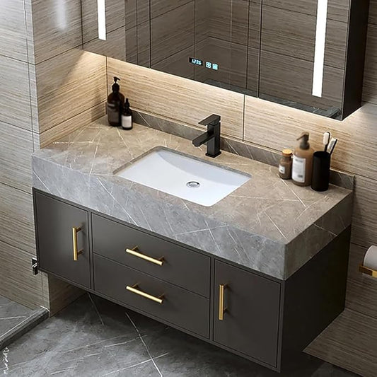 Bathroom Vanity with Sink 39.5" Floating Bathroom Vanity Sintered Stone Modern Bathroom Vanity Set, Black (Wall Mounted, Gold Handle)