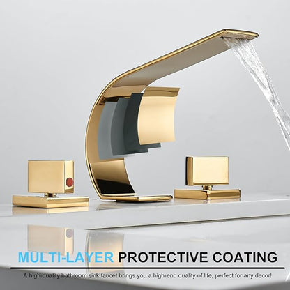 becola Gold Bathroom Faucet 3 Hole,Ultrathin Low Arc 8 inch Widespread Bathroom Faucet,Waterfall Bathroom Faucet,2-Handle Modern Vanity Faucet with Hot and Cold Water Supply Hoses