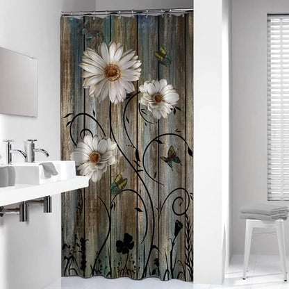 Rustic Shower Curtain Set Grey Daisy Floral Butterfly Shower Curtain for Bathroom Farmhouse Bath Curtain with 12 Hooks American Country Farm Style 36×72 Inches