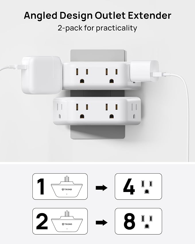 TROND 360 Rotating Plug Outlet Extender 2 Pack, Surge Protector Outlet with 4 Grounded Sockets, 3 Way Angled Plug Expander, 900J, Multiple Wall Adapter for Bathroom Kitchen Bedroom, White