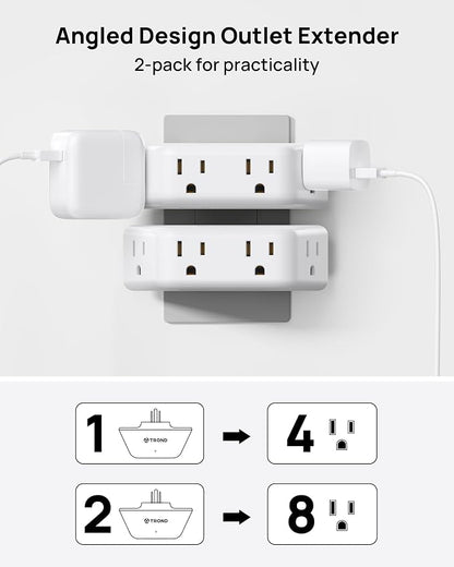 TROND 360 Rotating Plug Outlet Extender 2 Pack, Surge Protector Outlet with 4 Grounded Sockets, 3 Way Angled Plug Expander, 900J, Multiple Wall Adapter for Bathroom Kitchen Bedroom, White