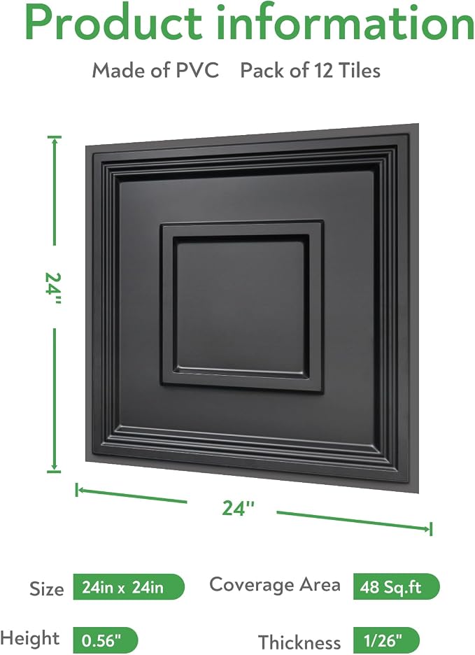 STICKGOO Black PVC Ceiling Tiles, 24 x 24 in, 12 Pack | 2 x 2ft Drop ceiling panels, covers 48 sq ft, lightweight, ideal for glue-up installation or covering existing ceiling