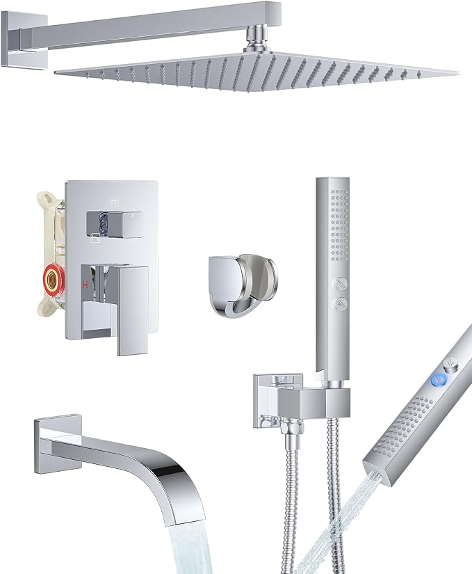 Chrome Shower System with Tub Spout, Wall Mounted Bathtub Shower Faucet Set, 12" Rainfall Shower Head and Handheld Shower Combo, High Pressure Shower Fixtures Set with Rough-in Valve