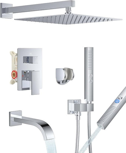 Chrome Shower System with Tub Spout, Wall Mounted Bathtub Shower Faucet Set, 12" Rainfall Shower Head and Handheld Shower Combo, High Pressure Shower Fixtures Set with Rough-in Valve