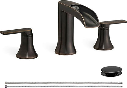 Oil Rubbed Bronze Bathroom Sink Faucet Widespread, 8 Inch Waterfall Faucet Bathroom 3 Hole with Pop-up Drain and cUPC Supply Lines, 2 Handles for Vanity, Restroom, Farmhouse, Brass Material