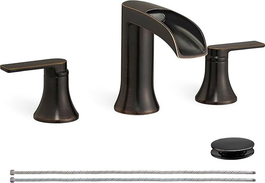 Oil Rubbed Bronze Bathroom Sink Faucet Widespread, 8 Inch Waterfall Faucet Bathroom 3 Hole with Pop-up Drain and cUPC Supply Lines, 2 Handles for Vanity, Restroom, Farmhouse, Brass Material