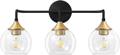 Bathroom Light Fixtures 3 Light Bathroom Vanity Light with Clear Glass Shade, 22 inch Vanity Lighting Fixtures Over Mirror, Black and Gold Vanity Lights Fixture (Exclude E26 Bulb)