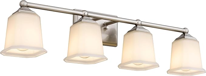 Nox Vintage 4-Light Vanity Light Modern Wall Sconce Lighting Brushed Nickel with White Glass Shade for Bathroom, Hallway, Entryway, Kitchen, Mirror, Laundry Room