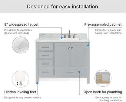 ARIEL Cambridge 42-inch Bathroom Vanity with Sink,Solid Wood, 1.5-inch Italian Carrara Marble Countertop, Single Rectangular Porcelain Sink, 2 Soft Closing Doors, 5 Dovetail Drawers, Grey