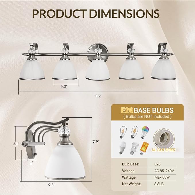 Bathroom Lighting Fixtures, 5-Light Brushed Nickel Vanity Light with Milky Glass Shade, 35" Large Vanity Lights for Bathroom, E26 Socket, for Mirror, Living Room, Bedroom, Hallway