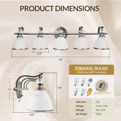 Bathroom Lighting Fixtures, 5-Light Brushed Nickel Vanity Light with Milky Glass Shade, 35" Large Vanity Lights for Bathroom, E26 Socket, for Mirror, Living Room, Bedroom, Hallway