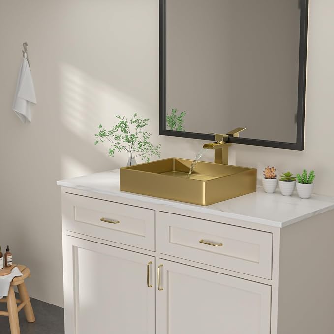 Dcolora 19 In. Gold Drop In Bathroom Vessel Sink, 16 Gauge Stainless Steel, Rectangle Design with Drain Assembly, 15"D x 19"W x 4"H #DC-VS261204