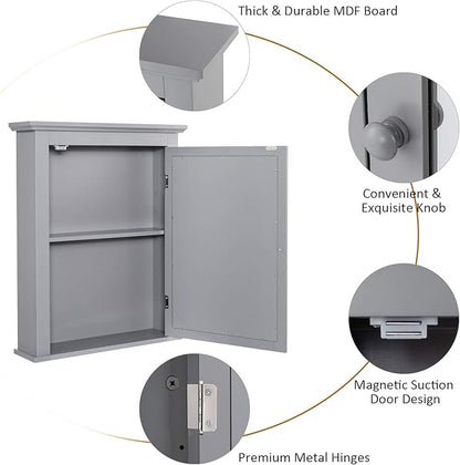 Tangkula Bathroom Cabinet with Mirror, Mirrored Wall-Mounted Storage Medicine Cabinet w/Single Door & Adjustable Shelf in 5 Positions, Multipurpose Wall Cabinet for Bathroom (Gray)