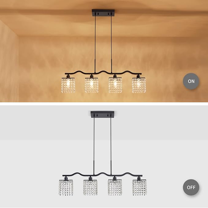 WUZUPS Crystal Chandelier 4-Light Linear Raindrop Pendant Ceiling Light Modern Lighting Fixture for Bedroom Dinning Room Bar Kitchen Island, H8.7'' W4.7'' L30.5, E12 Base, Black