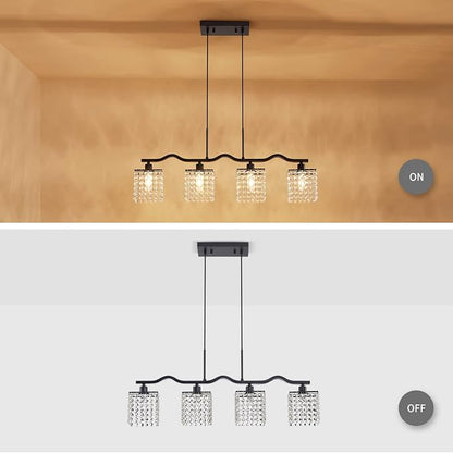 WUZUPS Crystal Chandelier 4-Light Linear Raindrop Pendant Ceiling Light Modern Lighting Fixture for Bedroom Dinning Room Bar Kitchen Island, H8.7'' W4.7'' L30.5, E12 Base, Black