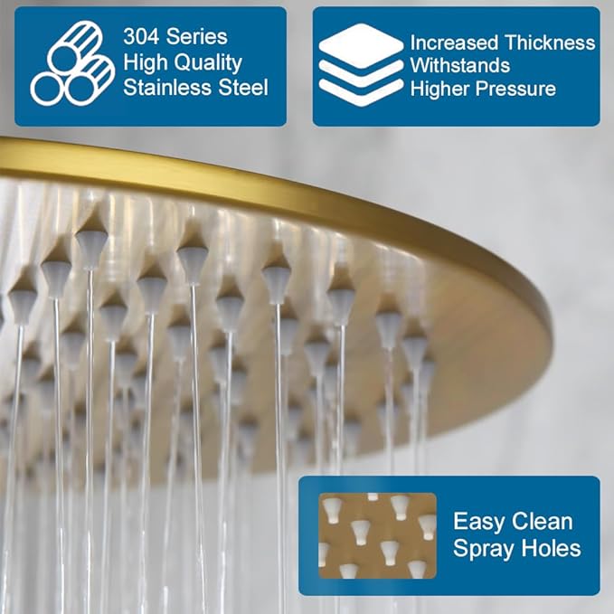 POP SANITARYWARE Shower Faucet Set Brushed Gold 10 Inch Round Rain Shower Head and Handle Set Bathroom Rainfall Shower System Wall Mounted Shower Fixture Single Function Shower Valve Trim Kit