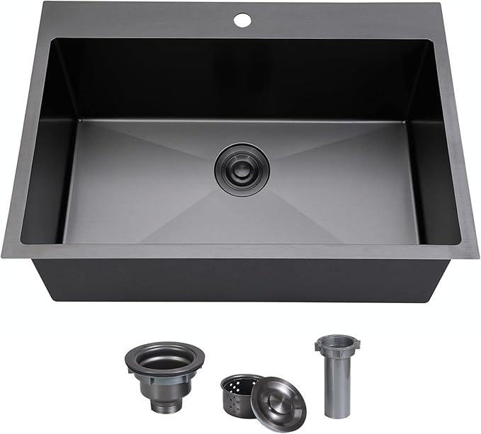 28 Inch Drop in Black Kitchen Sink, Gunmetal Black Top Mount Stainless Steel 9 Inch Deep Single Bowl Laundry Utility Wet Prep Sink