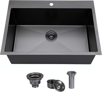 28 Inch Drop in Black Kitchen Sink, Gunmetal Black Top Mount Stainless Steel 9 Inch Deep Single Bowl Laundry Utility Wet Prep Sink