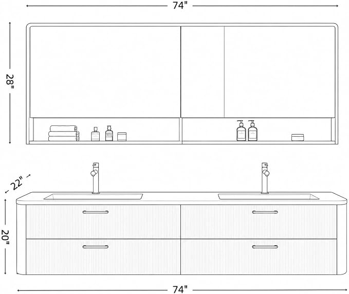 74 in Double Bathroom Vanity with Sinks - Modern Floating Bathroom Vanity with Solid Wood Cabinet, Anti-Fog Mirror and Integrated Stone Sinks | Wall Mounted Design | Ample Storage