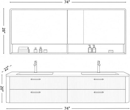 74 in Double Bathroom Vanity with Sinks - Modern Floating Bathroom Vanity with Solid Wood Cabinet, Anti-Fog Mirror and Integrated Stone Sinks | Wall Mounted Design | Ample Storage