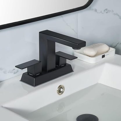 Black 2 Handle Centerset Bathroom Faucet,Matte Black 4 Inch Bathroom Sink Faucet Modern Vanity Faucets for Sink 3 Hole Lavatory Bath Faucet with Lead-Free Supply Hose and Pop up Drain