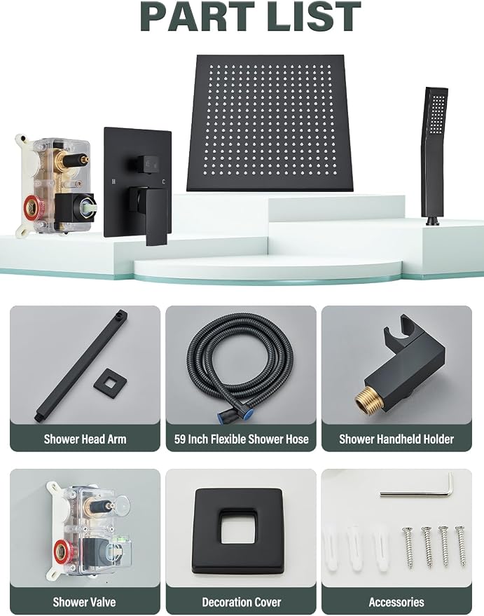 Matte Black Shower Faucets Sets Complete with 16" High Pressure LED Rainfall Shower Head and Handheld Spray Ceiling Mount Shower System Rough-in Valve Body and Trim Included