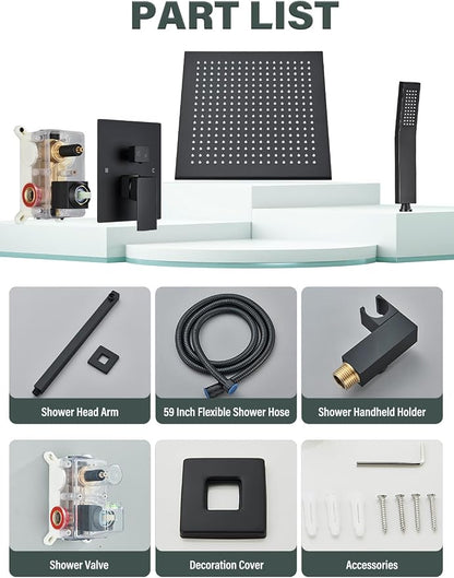 Matte Black Shower Faucets Sets Complete with 16" High Pressure LED Rainfall Shower Head and Handheld Spray Ceiling Mount Shower System Rough-in Valve Body and Trim Included