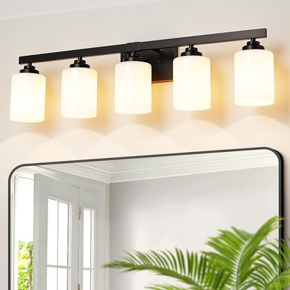 Bathroom Light Fixtures, Vanity Light Over Mirror Black 5-Light Fixture | Modern bathroom vanity light fixture with metal frame, ideal for mirrors, bedrooms and hallways. Fits E26 bulbs.