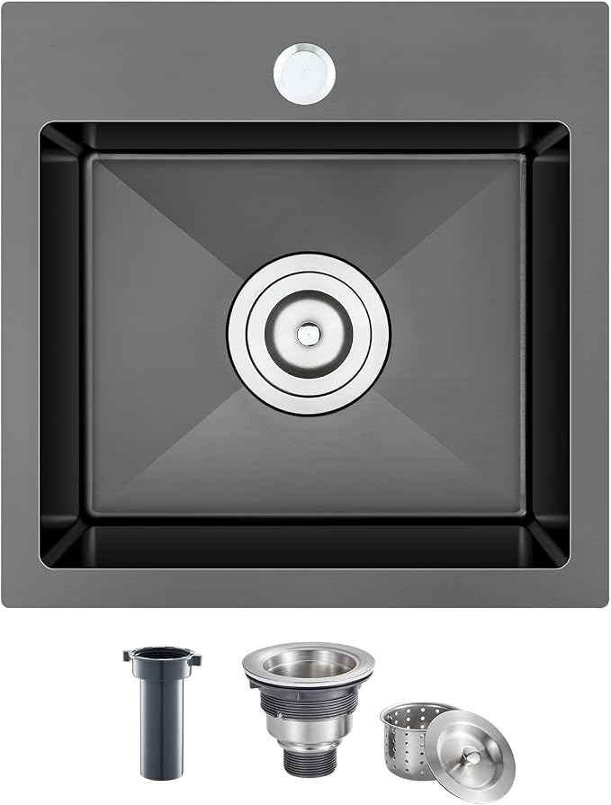 Black Topmount Kitchen Sink - 15”×15” Single Bowl Sink | 8 Inch Deep Handmade Bar Sink with Strainer, Stainless Steel 304, Center Drain, X-Groove Drainage, Sound-Dampening Pad