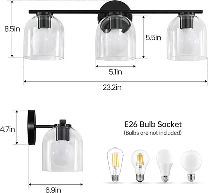 WOSHITU Bathroom Vanity Light Fixtures: 23.3 Inch Modern Matte Black Bathroom Lighting Fixtures Over Mirror with Clear Glass Shade, 3 Light Vanity Lighting Fixtures Wall Lights Over Mirror