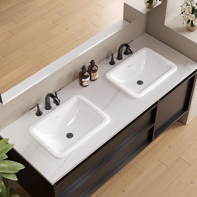 Bathroom Vessel Sink 18" x 14" Semi Recessed Sink White Drop in ceramic Sink with Overflow Modern Sinks Bowl Vanity Above Counter Basin