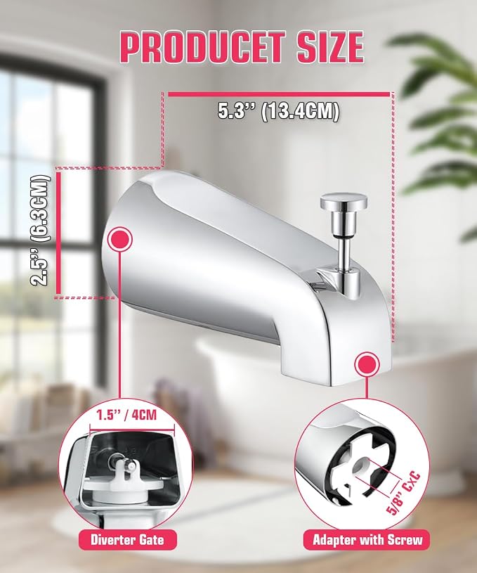Tub Spout with Diverter, Slip On Bathtub Spout Fits 1/2'' Copper Tube(5/8'' Dia), Bathroom Tub Faucet with PTFE Tape & Hex Wrench, Chrome