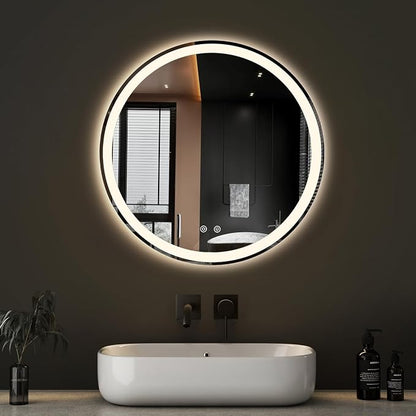 DUMOS 24 Inch Round LED Bathroom Mirror with Lights, Circle Vanity Mirror | Anti-Fog, Dimmable, 3-Color Light, Front Light and Backlit, Memory Function, Tempered Glass