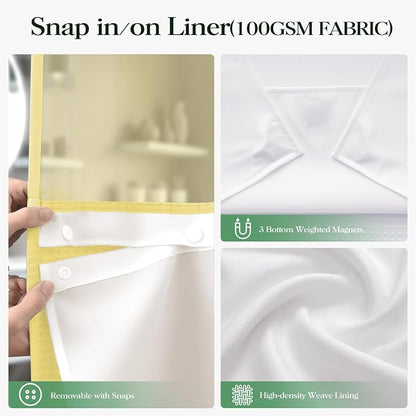 Yellow Hook Free Waffle Shower Curtain & Snap Fabric Liner,72x99 | Less Time to install, 3 in 1 Fabric Shower Curtain and Liner Set with Magnets, Extra Long, Shower Curtains for Bathroom