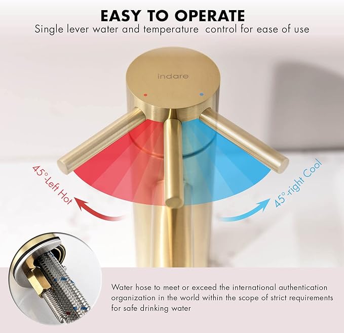Brushed Gold Bathroom Faucet, Single Hole Bathroom Sink Faucet Modern Single Handle Vanity Faucet with Pop-up Drain and Supply Lines,100102-BG