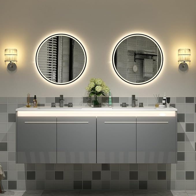 60-Inch Double Sink Floating Vanity with Human Sensor LED, High Gloss Wall Mounted Bathroom Vanity with Sink, Modern Bath Sink Vanity Cabinet with Metal Handles, Gray