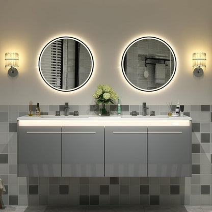 60-Inch Double Sink Floating Vanity with Human Sensor LED, High Gloss Wall Mounted Bathroom Vanity with Sink, Modern Bath Sink Vanity Cabinet with Metal Handles, Gray