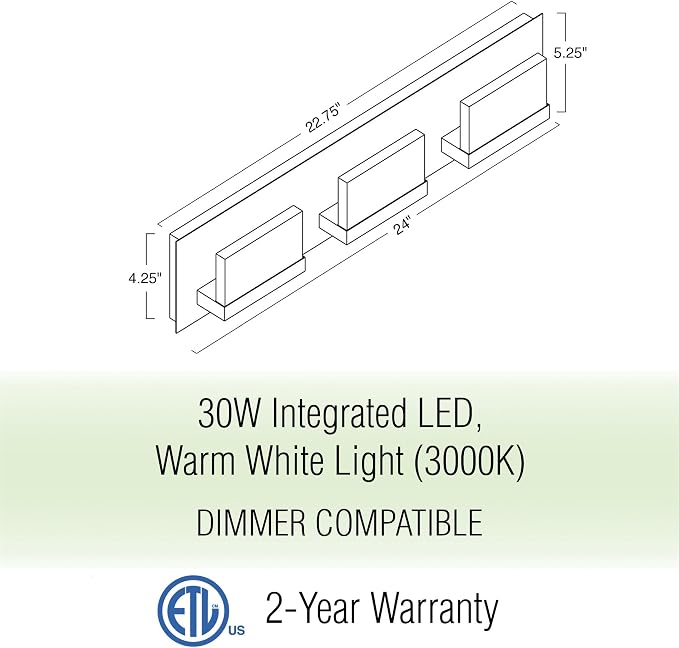 Kira Home Everett 24" Modern Integrated LED 3-Light Bathroom Vanity Light | 30W 3000K Warm White Light, Minimalist Bathroom Wall Sconce with Frosted Acrylic Blocks, Brushed Nickel Finish